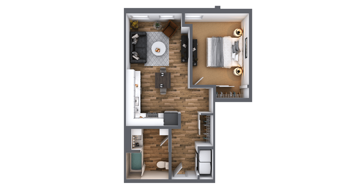 Floor plan for 1 bed, 1 bath, 698 sqft